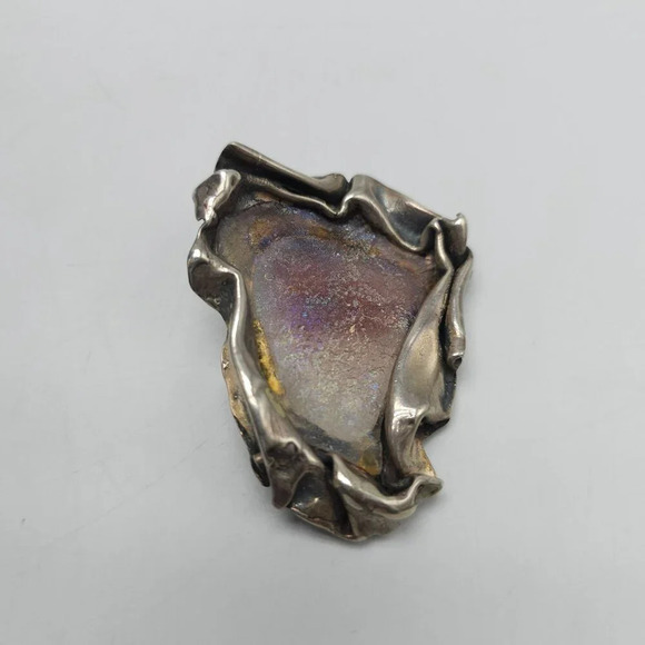 Vintage Artisan Abstract Brutalist Sterling Silver Purple Roman Glass Brooch Pin - Picture 2 of 7